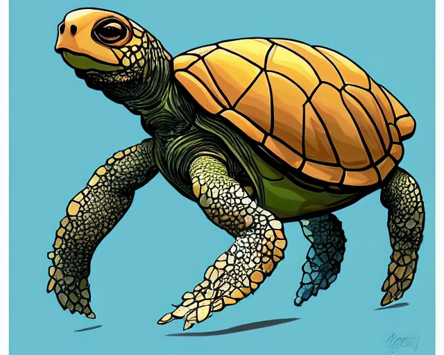 Image similar to cell shaded cartoon of a realistic turtle with a flower bulb growing out of its back. full body, concept art by josan gonzales and wlop, by james jean, victo ngai, david rubin, mike mignola, deviantart, art by artgem