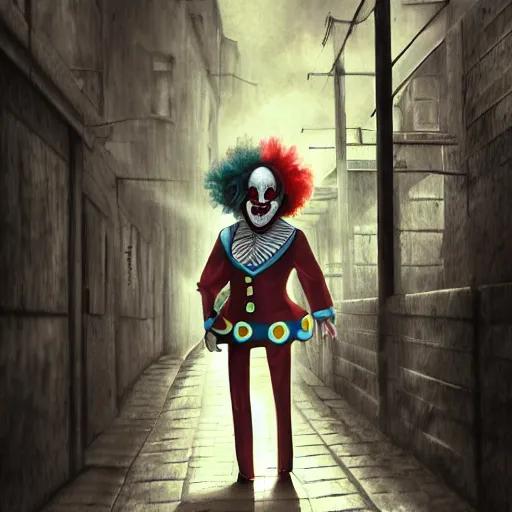 Prompt: a creepy clown in an alleyway, 4k digital art, haunting