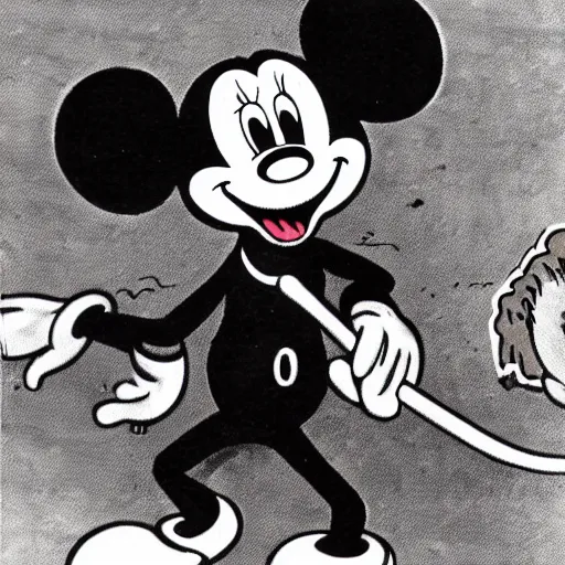 Prompt: vintage 1 9 3 0 s mickey mouse devouring a bloody fish