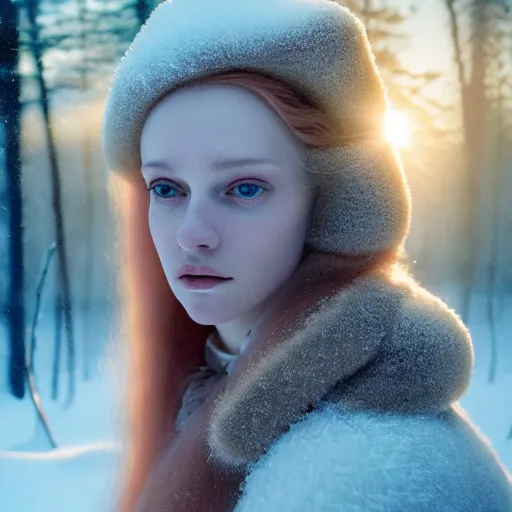 Image similar to photographic portrait of a stunningly beautiful english renaissance female in soft dreamy light at sunset, snowy forest, soft focus, contemporary fashion shoot, in a denis villeneuve and tim burton movie, by edward robert hughes, annie leibovitz and steve mccurry, david lazar, jimmy nelsson, extremely detailed, breathtaking, hyperrealistic, perfect face, octane render