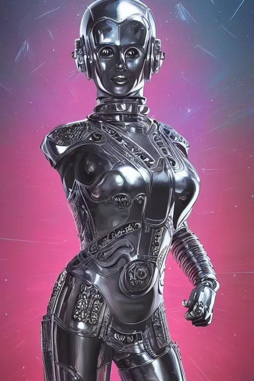 Image similar to retro-futuristic portrait of a beautiful female android in dusty chrome armour, dancing pose, ornate background, ornate pattern, glowing eyes, evil expression, high details, intricate details, renaissance style, painting by vincent di fate, artgerm julie bell beeple, 80s, Smooth gradients, High contrast, depth of field, very coherent symmetrical artwork