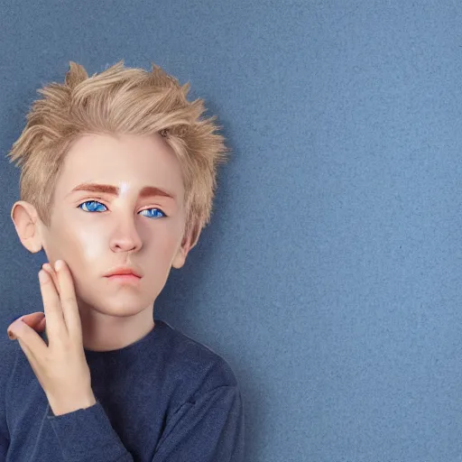 Image similar to portrait of a boy with his hand on his face, extremely realistic and real, photorealistic, blonde hair and blue eyes, detailed facial structure, real eyes that are detailed, real hands