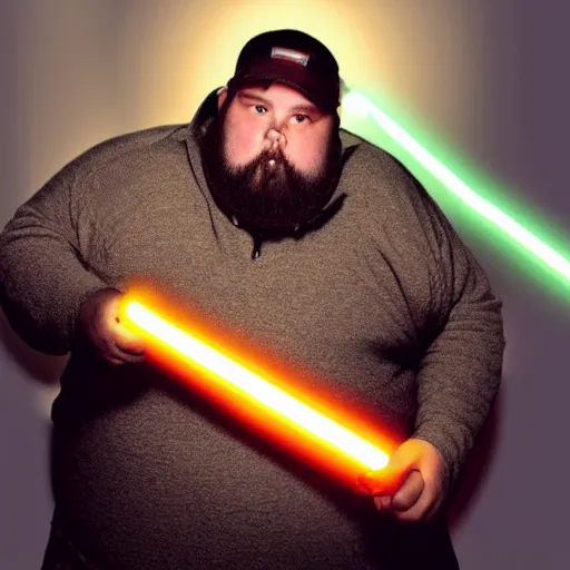 Prompt: an overweight man with beard holding a light saber menacingly