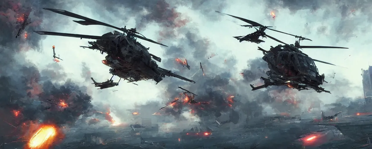 Image similar to a futuristic cyberpunk helicopter in war scene, epic scene, big explosion, by greg rutkowski