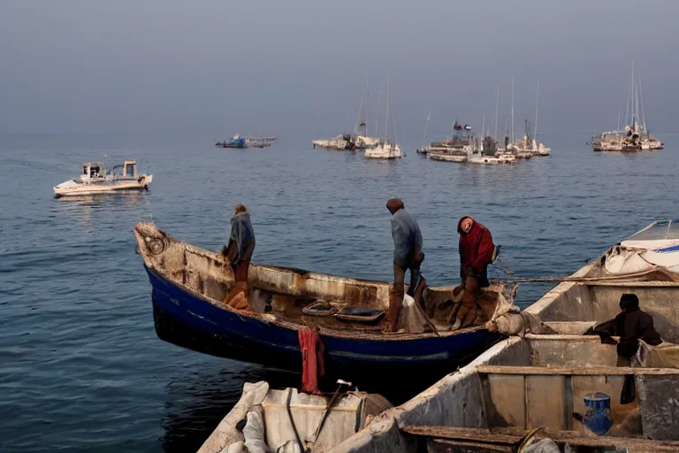 Image similar to cinematography Greek fisherman loading their boat by Emmanuel Lubezki