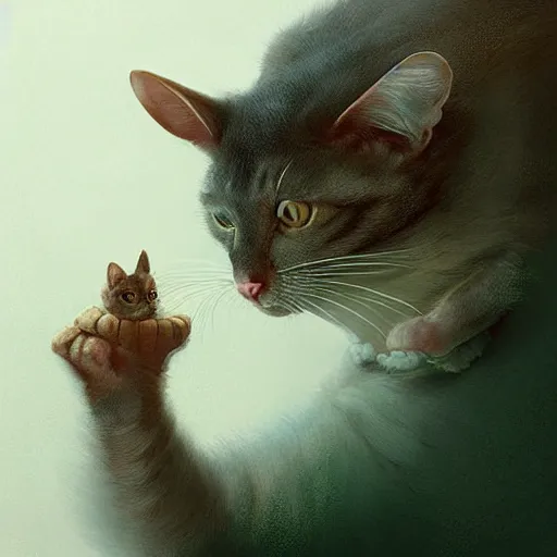 Prompt: hybrid of mouse and cat, half cat - half mouse, digital art, highly detailed, art by george stubbs, jakub rozalski, anton fadeev, james gurney