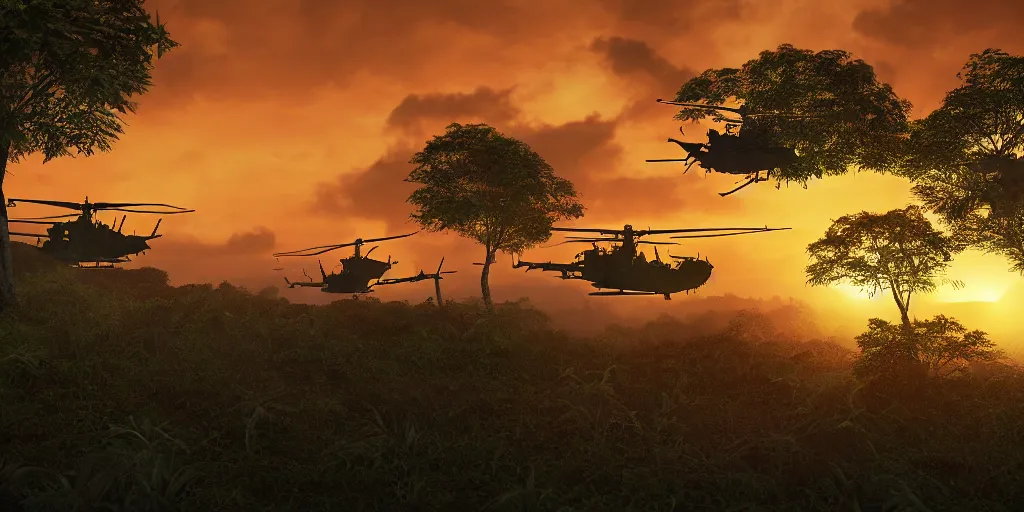 Image similar to Painting of vietnam Huey Helicopters, above a forest, orange sun set, abstract, realism, 8k, high details, octane render, glow, war, 3d render,