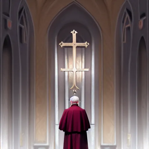 Prompt: pope benedict xvi standing in a curch, digital painting, greg rutkowski, artstation, cinematic, matte painting