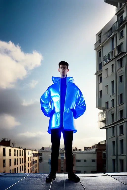 Prompt: un ultra high definition studio quality photographic art portrait of a young man standing on the rooftop of a british apartment building wearing opaque soft inflatable padded iridescent refractive clothing. three point light. extremely detailed. golden ratio, ray tracing, volumetric light, shallow depth of field. set dressed.