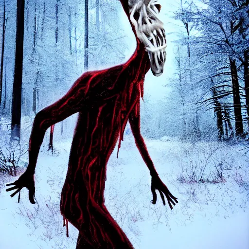 Image similar to horrifying digital art of a blood soaked skinwalker, lanky, skinny, pale skin, snow, forest, dark, horrifying