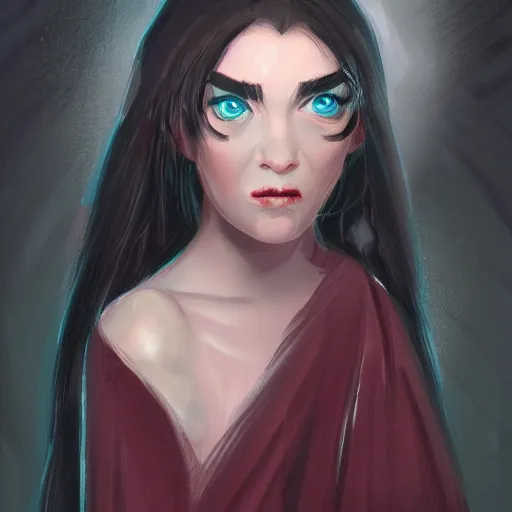 Prompt: grumpy girl, portrait, ice magic, dark hair, dark robe, warm light, concept art, illustration