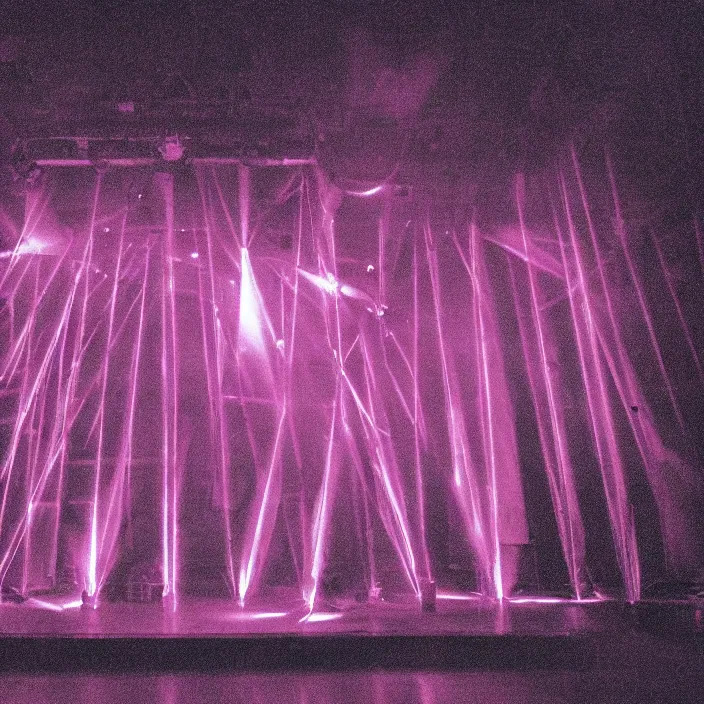 Prompt: concert stage, smoke machine, neon pink light, light beams, synthesizers and other instruments, dark silhouettes of band, seen from afar, 1 9 9 0 s album cover, superimposed images of woodwork tools, grainy