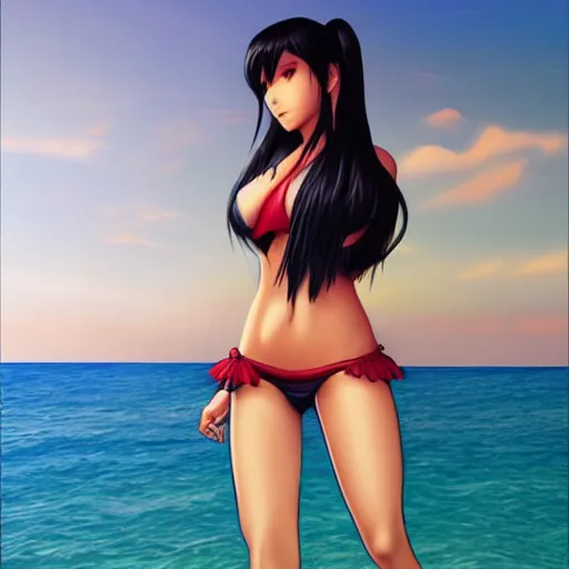 Prompt: beautiful tifa from final fantasy in a bikini on the beach making eye contact drawn by artgerm