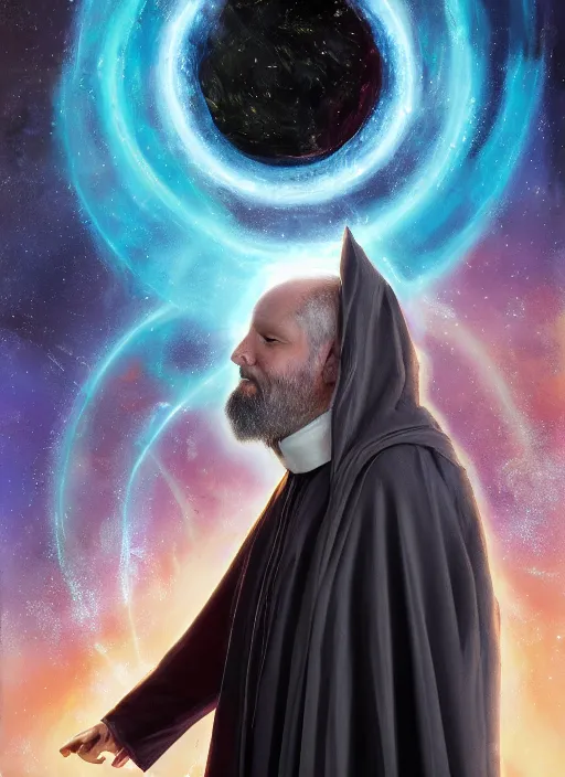 Image similar to detailed portrait of Fr. Mike Schmitz wearing a cloak over his head, eyes on fire with celestial flames, a halo of shimmering color around him, future earth in the background, by Jason Jenicke and Jeremy Mann, intricate, beautiful, stylized, detailed, realistic, loose brush strokes, dramatic, enduring, captivating, Artstation