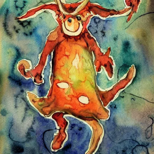 Image similar to whimsical watercolor painting of a demon, in the style of a. a. milne