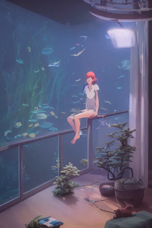 Prompt: beautiful scene render of a person watching in the aquarium, dimly lit bedroom, shaking wind chime, perfectly shaded, atmospheric lighting, style of makoto shinkai and peter mohrbacher, studio ghibli. artgerm, karol bak, beeple, animation style, 8 k hd, ultra wide angle, hyper detailed