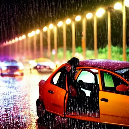 Prompt: high school kids making out in a car at night in the rain, colorful!!, nighttime!, raining!