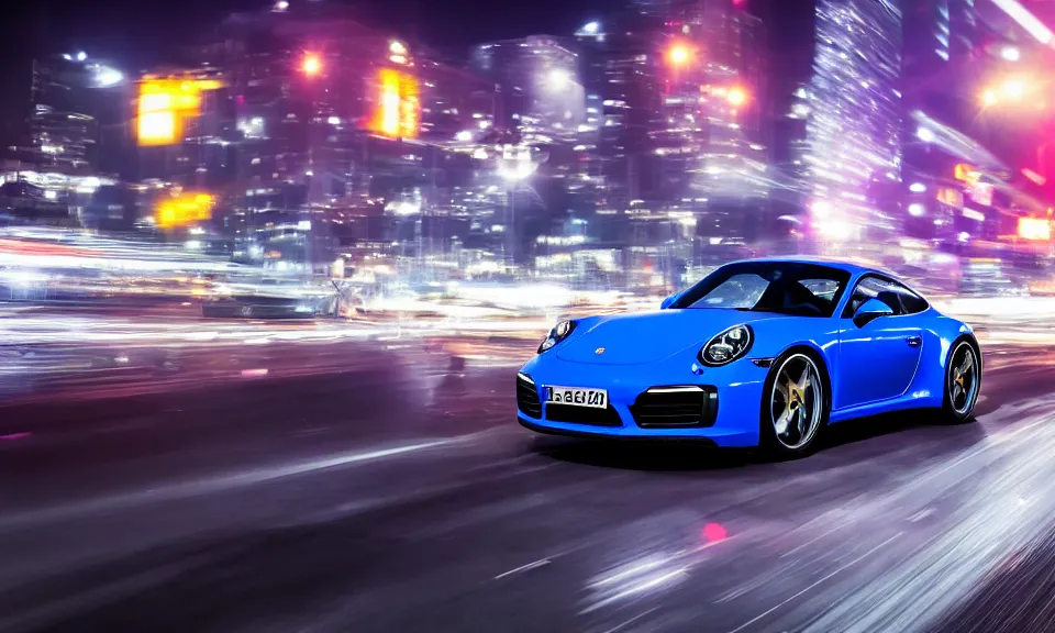 Image similar to photo of a porsche 911 at night driving fast through a city, cinematic, 4k, long exposure photography, blue and purple light