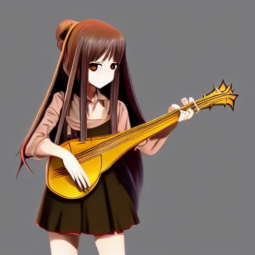 Prompt: anime girl with long dark hair playing a mandolin, trending on artstation