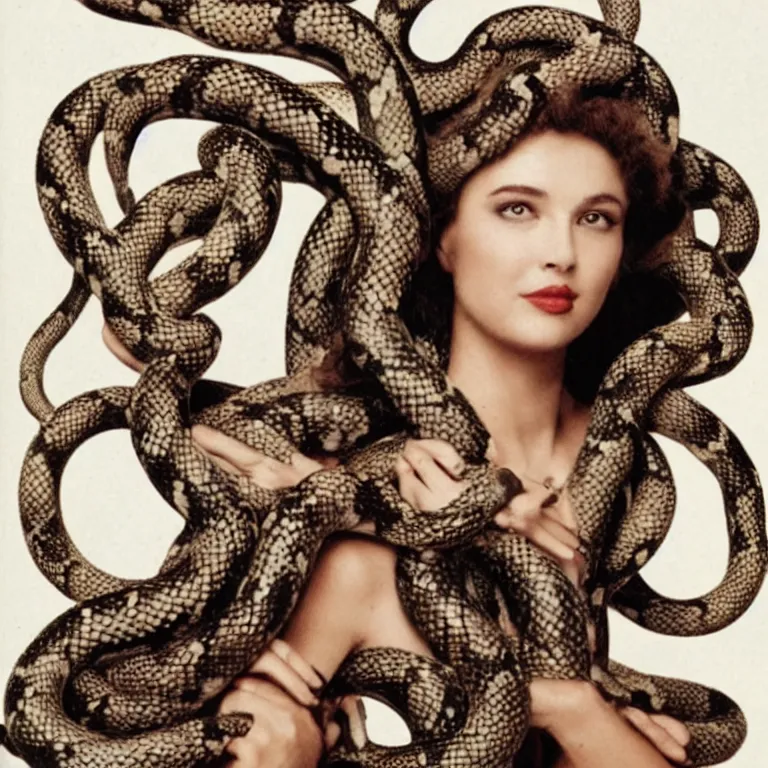 Image similar to Glamour Shots portrait photo of Medusa with snakes for hair in real life