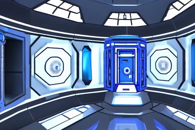 Image similar to futuristic tardis interior stylized like portal 2