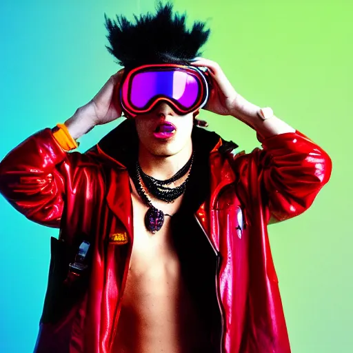 Image similar to kodak ektar 1 0 0 photograph of a cybergoth guy wearing goggles and eclectic jewelry, moody lighting, telephoto, 9 0 s vibe, blurred background, vaporwave colors, faded!,