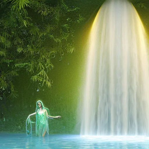 Prompt: ultra realistic 3 d render of a goddess made of water and flowers rising out of the water dripping by anwar mostafa and farid ghanbari, beautiful, bioluminescent, ethereal, mist, waterfall