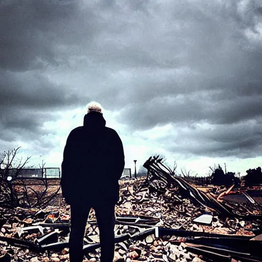 Prompt: “a man staring out into the abyss from a destroyed building, post apocalyptic”