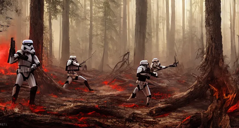 Image similar to imperial stormtroopers shooting red blaster bolts in a burned lifeless forest with burned trees and plants concept art by Doug Chiang cinematic, realistic painting, high definition, digital art, symmetrical, very detailed, extremely high detail, photo realistic, concept art, unreal engine 5, the Mandalorian concept art style