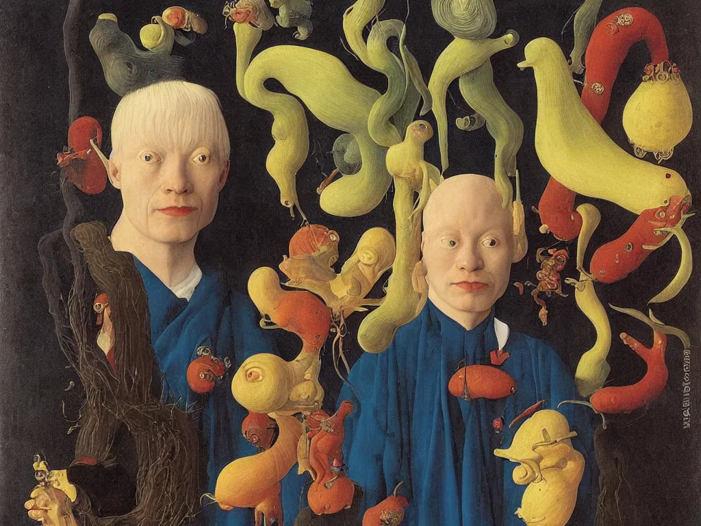 Prompt: Portrait of albino mystic with blue eyes, with exotic beautiful giant leeches. Painting by Jan van Eyck, Audubon, Rene Magritte, Agnes Pelton, Max Ernst, Walton Ford