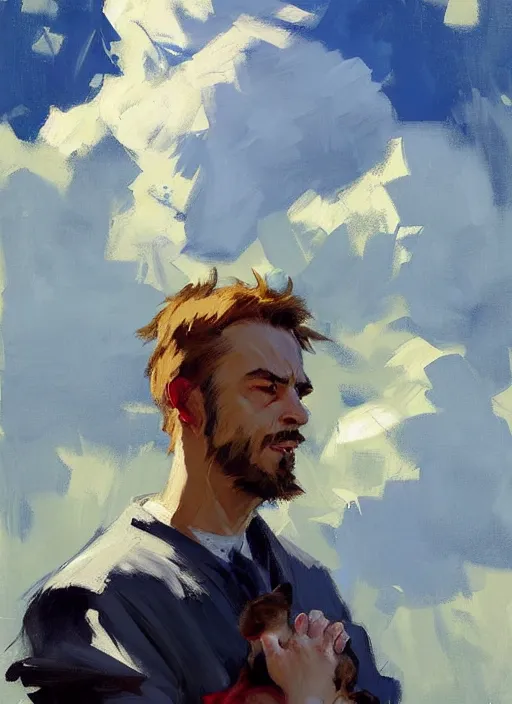 Image similar to Greg Manchess painting of Zero Two in casual wear out playing with the dogs, countryside, fantasy character portrait, dynamic pose, above view, sunny day, thunder clouds in the sky, artwork by Jeremy Lipkin and Giuseppe Dangelico Pino and Michael Garmash and Rob Rey, very coherent asymmetrical artwork, sharp edges, perfect face, simple form, wacky, 100mm