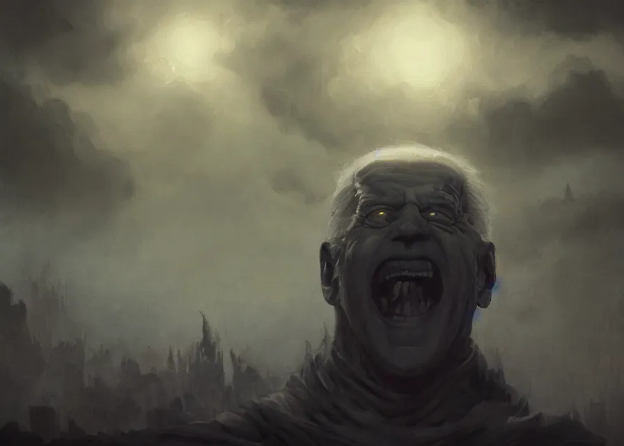 Image similar to abstract obscure painting of giant Joe Biden grinning emperor of the world emerging in dark clouds, Sidious, immense crowd of varied people, cosmic horror , trending on ArtStation, masterpiece, by Greg Rutkowski, by Ross Tran, by Fenghua Zhong, octane, lightbeam eyes, soft render, clear facial features, oil on canvas, moody lighting, cinematic, professional detailed environmental concept art