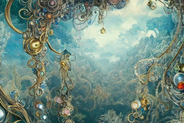 Image similar to a huge flock of many ornate intricate puffy filigreed clouds tangled into large whirling ultra detailed crystal specimens, art nouveau jungle environment, playful, award winning art, epic dreamlike fantasy landscape, ultra realistic,