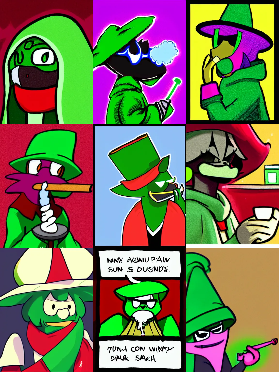 Prompt: ralsei from deltarune smoking a fat blunt, digital art, meme, green hat and red scarf, smoking weed, trending on deviantart