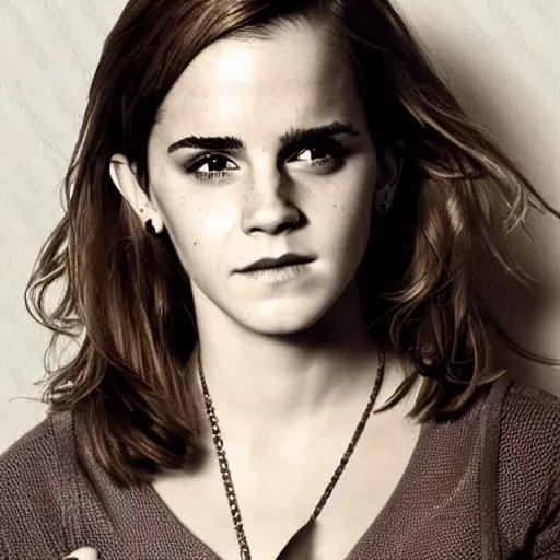Image similar to A photo of tough looking emma watson. she has rings on his fingers. 50 mm.