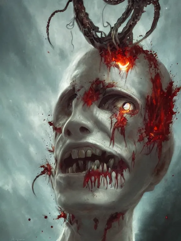 Image similar to painting by greg rutkowski of a flying sorrowful looking human head with tears running down it's eyes, face that is chalk white in color, with long sprawling white tentacles stemming down it's neck, fiery scorching red eyes, flying in a terrying hellish dark cavernous place