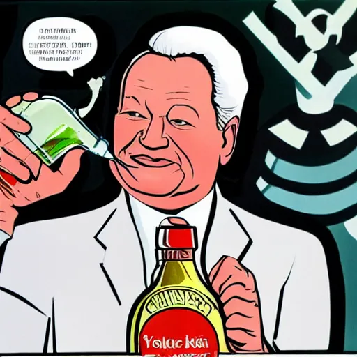 Image similar to yeltsin with a bottle of vodka in his hand encourages people to drink vodka, art in the style of soviet propaganda posters in color