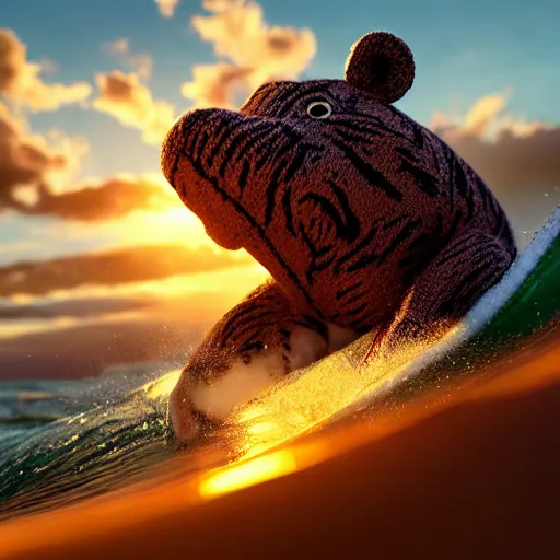 Prompt: a closeup photorealistic photograph of a cute smiling knitted tiger hippopotamus riding an epic wave at sunset. surf in the background. professional capture. brightly lit scene. this 4 k hd image is trending on artstation, featured on behance, well - rendered, extra crisp, features intricate detail, epic composition and the style of unreal engine.