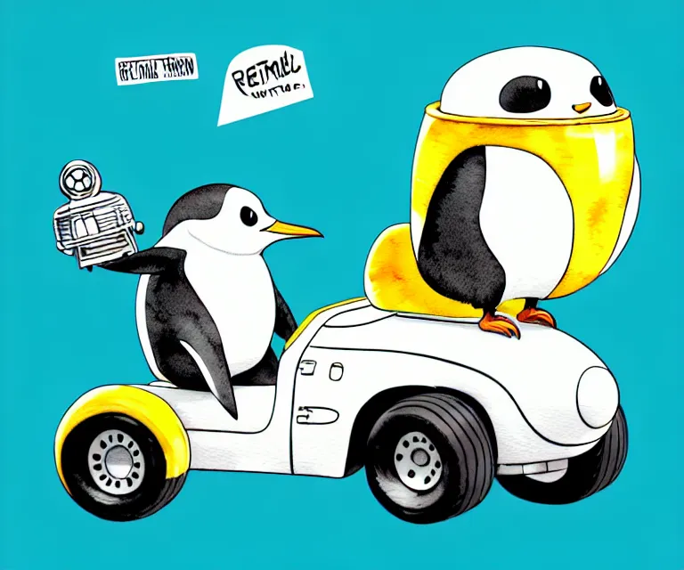 Image similar to cute and funny, penguin wearing a helmet riding in a tiny hot rod with an oversized engine, ratfink style by ed roth, centered award winning watercolor pen illustration, isometric illustration by chihiro iwasaki, edited by range murata, tiny details by artgerm and watercolor girl, symmetrically isometrically centered, sharply focused