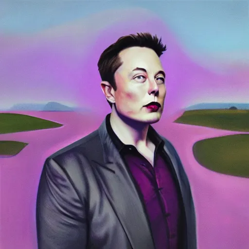 Image similar to a portrait of a elon musk in a scenic environment by abercrombie, gertrude. cgsociety, surrealism, surrealist, dystopian art, purple color scheme