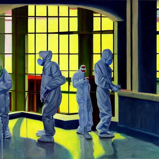 Prompt: pandemic hospital, hazmat suits, dystopian, pj crook, edward hopper, oil on canvas