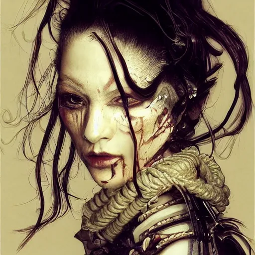 Image similar to portrait of a Shibari rope wrapped face and neck, headshot, insanely nice professional hair style, dramatic hair color, digital painting, of a old 17th century, old cyborg merchant, amber jewels, baroque, ornate clothing, scifi, realistic, hyperdetailed, chiaroscuro, concept art, art by Franz Hals and Jon Foster and Ayami Kojima and Amano and Karol Bak,