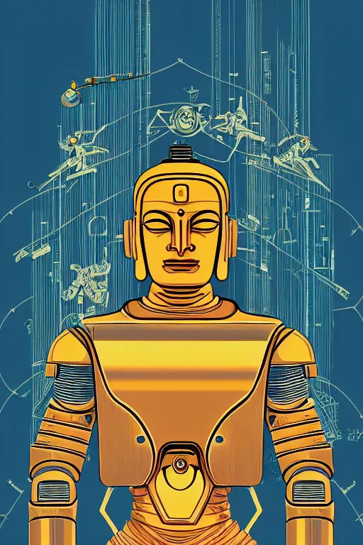 Prompt: astronaut cyberpunk cyborg robot thousand buddha, golden ratio, sharp linework, clean strokes, sharp edges, flat colors, cell shaded by moebius, Jean Giraud, trending on artstation