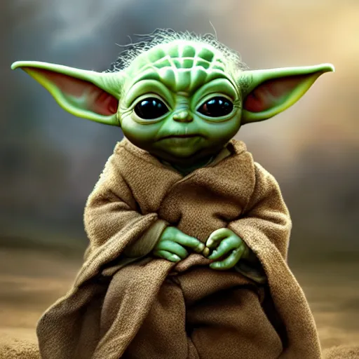 Image similar to baby yoda, portrait, concept art by doug chiang cinematic, realistic painting, high definition, concept art, portait image, path tracing, serene landscape, high quality, highly detailed, 8 k, soft colors, warm colors, turbulent sea, high coherence, anatomically correct, hyperrealistic, concept art, defined face, symmetrical 5