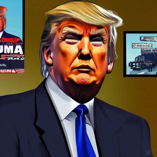 Prompt: Donald Trump in GTA, cover art by Stephen Bliss, loading screen, boxart