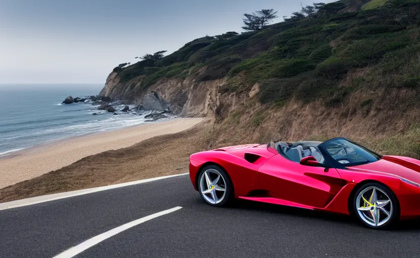 Image similar to a still of a ferrari monza sp 2 parked along the pacific coast highway, ocean in the background, 8 k,