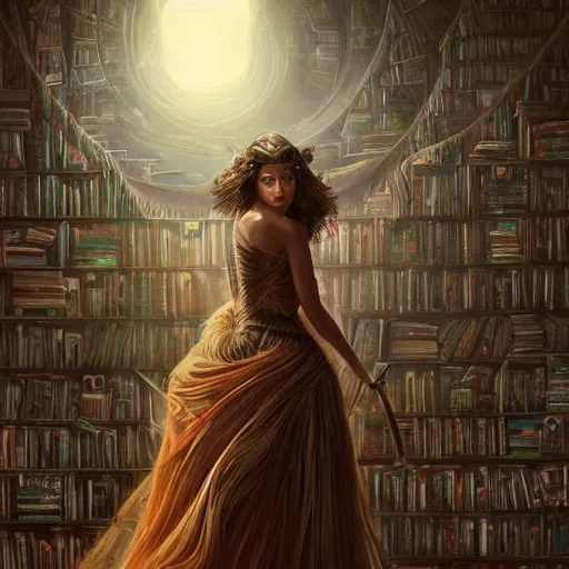 Image similar to a portrait of ana de armas as the goddess minerva, surrounded by stacks of books, bioluminescent gown with deep level of detail of esoteric symbols, urban motifs, intricate, elegant, highly detailed, digital painting, trending on artstation, concept art, smooth sharp focus, illustration, art by artgerm and greg rutkowski