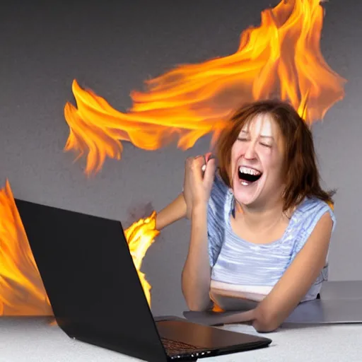 Prompt: person laughing burning a laptop, stock image