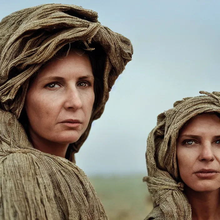 Image similar to closeup portrait of a woman with a hood made of wire and rainbows, standing in a fertile apocalyptic landscape, by Annie Leibovitz and Steve McCurry, natural light, detailed face, CANON Eos C300, ƒ1.8, 35mm, 8K, medium-format print