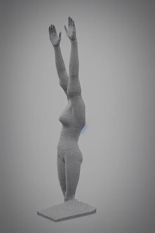 Prompt: delicate woman raising her hands looking to the sky, 3 d model statue by giacometti, intricate, highly detailed, hyper realistic, soft shadow